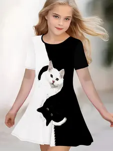 3D Print Cat Pattern Dress, Short Sleeve Vest Dress for Spring Summer, Casual Kids Fashion Clothing