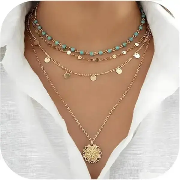 Gift S Boho Necklaces for Women Dainty Layered Choker Necklace Bohemian Turquoise Necklace Statement Jewelry Western Cowgirl Country Concert Outfits Accessories initial money bracelet jade Tiger Eye Stone Crystal