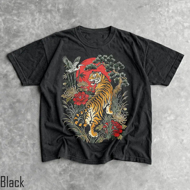 Retro Tiger T-Shirt - Men & Women's Unisex Graphic Tee - Vintage Boho Shirt - Linocut Style Wildcat Shirt - Cottagecore Shirt