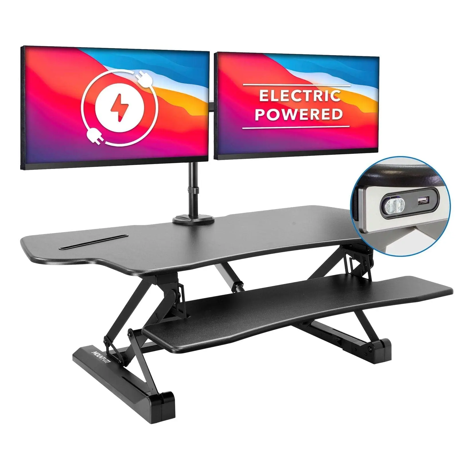 Mount-It! Large Electric Sit-Stand Desk Converter, Desk Extender with Dual Monitor Mount & USB Charger for Up to 32" Screen Sizes