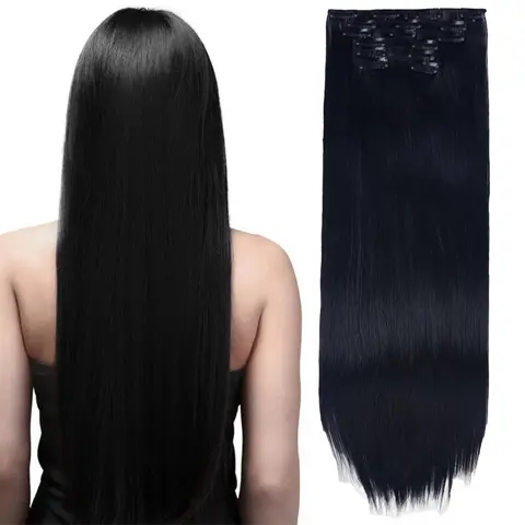 Female Classic Glueless Clip-in Hair Extensions, Silky Straight Synthetic Clip in Hairpieces - 24in, 140g/4.9oz, 1B Natural Match, 6pcs Double Weft for Black Women, Daily Use