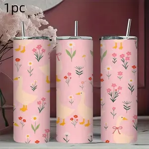 1pc 17oz/20oz/22oz/26oz/30oz Duck and Flower Print Insulated Mug, Pastel Vacuum Cup, Reusable Tumbler, Coffee Thermal Cup, Keeps Hot 12H/Cold 24H, Ideal Travel Tumbler for Spring, Picnic, Office, Gift for Girlfriend, Nature Lovers