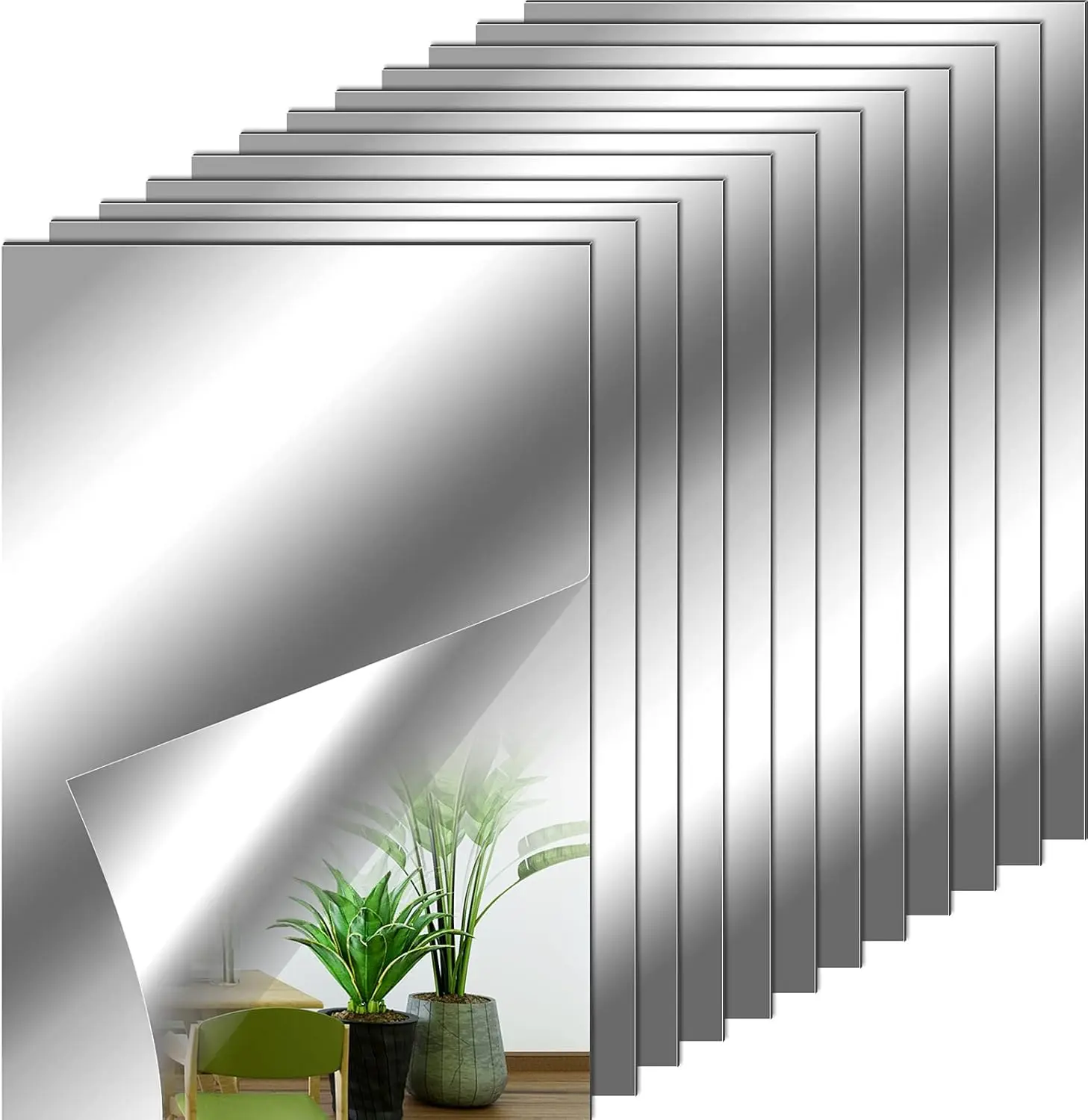 Tenare 12 Pieces Self Adhesive Acrylic Wall Mirror Tiles Flexible Small Mirror Wall Stickers Sheets Non Glass Unbreakable for Bathroom Home Gym Bedroom Home Classroom Decor (9 x 6 Inch)
