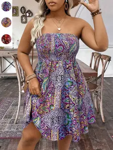 Plus Size Women's Summer Beach Vacation Short Dress, Colorful Walnut Flower Halter Dress, Elastic Waist Slimming A-Line Boho Vintage Style, Casual Wear Bohemian Womenswear