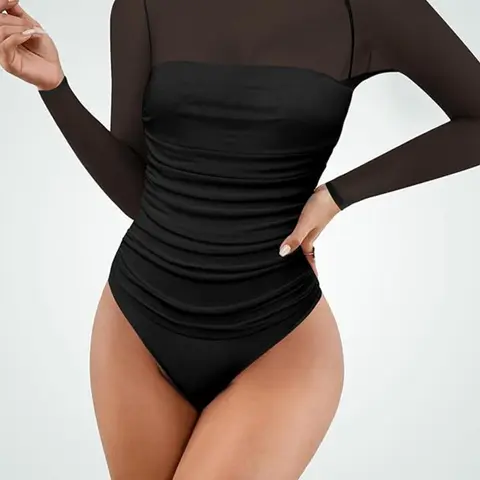 Women's Shapewear Bodysuit Long Sleeve Half High Neck Transparent Mesh Comfortable Commuter Tight Top, Elegant Spring & Fall Style Body Shaping Underwear, Body Shapers