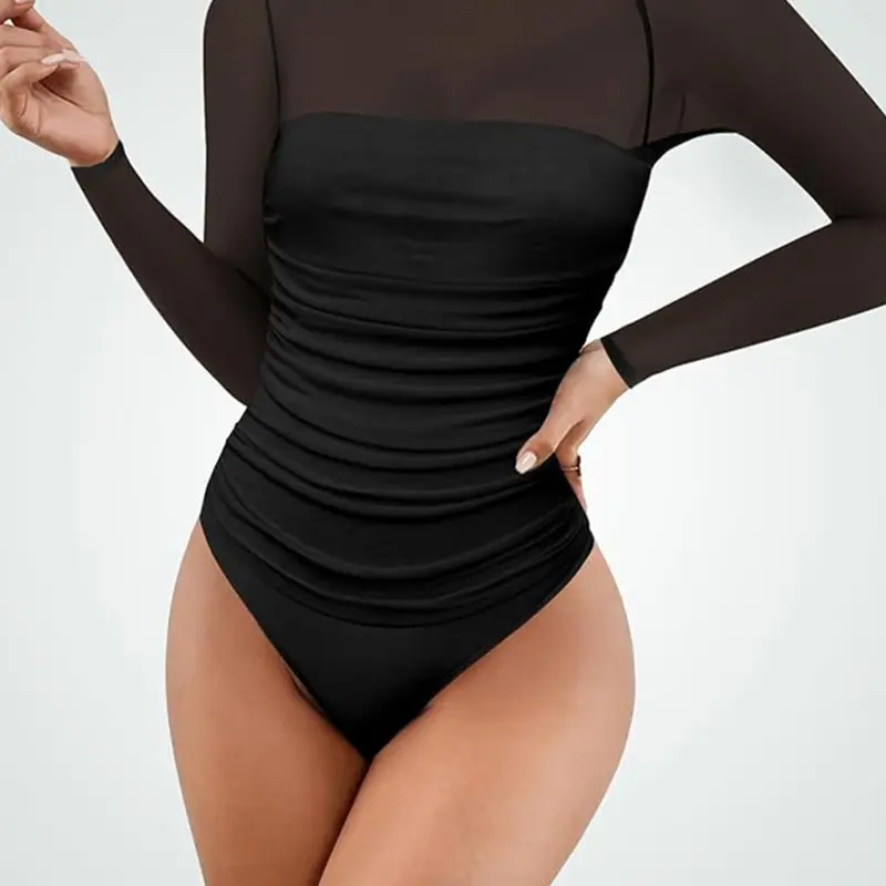 Women's Shapewear Bodysuit Long Sleeve Half High Neck Transparent Mesh Comfortable Commuter Tight Top, Elegant Spring & Fall Style Body Shaping Underwear, Body Shapers