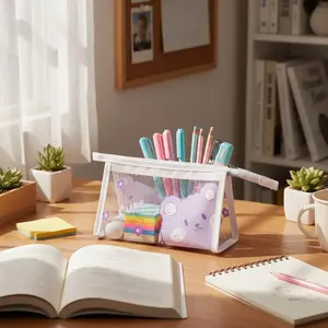 Cute Cartoon Transparent Pencil Case, Triangular 3D Design, Large Capacity Storage, Waterproof Easy Clean, Ideal for Students Daily Use, Writing Stationery