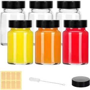 2 oz Small Clear Glass Bottles with Lids - 6Pcs Wide Mouth Shot Bottles with Caps for Ginger Shots, Juice, Potion, Liquids, Whiskey - Mini Travel Bottles with Funnels, Stickers