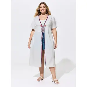 BloomChic Plus Size Embroidered Tie-Waist Cover-Up, Supersoft Solid Rayon Blend Summer Beachwear with Hidden Pocket