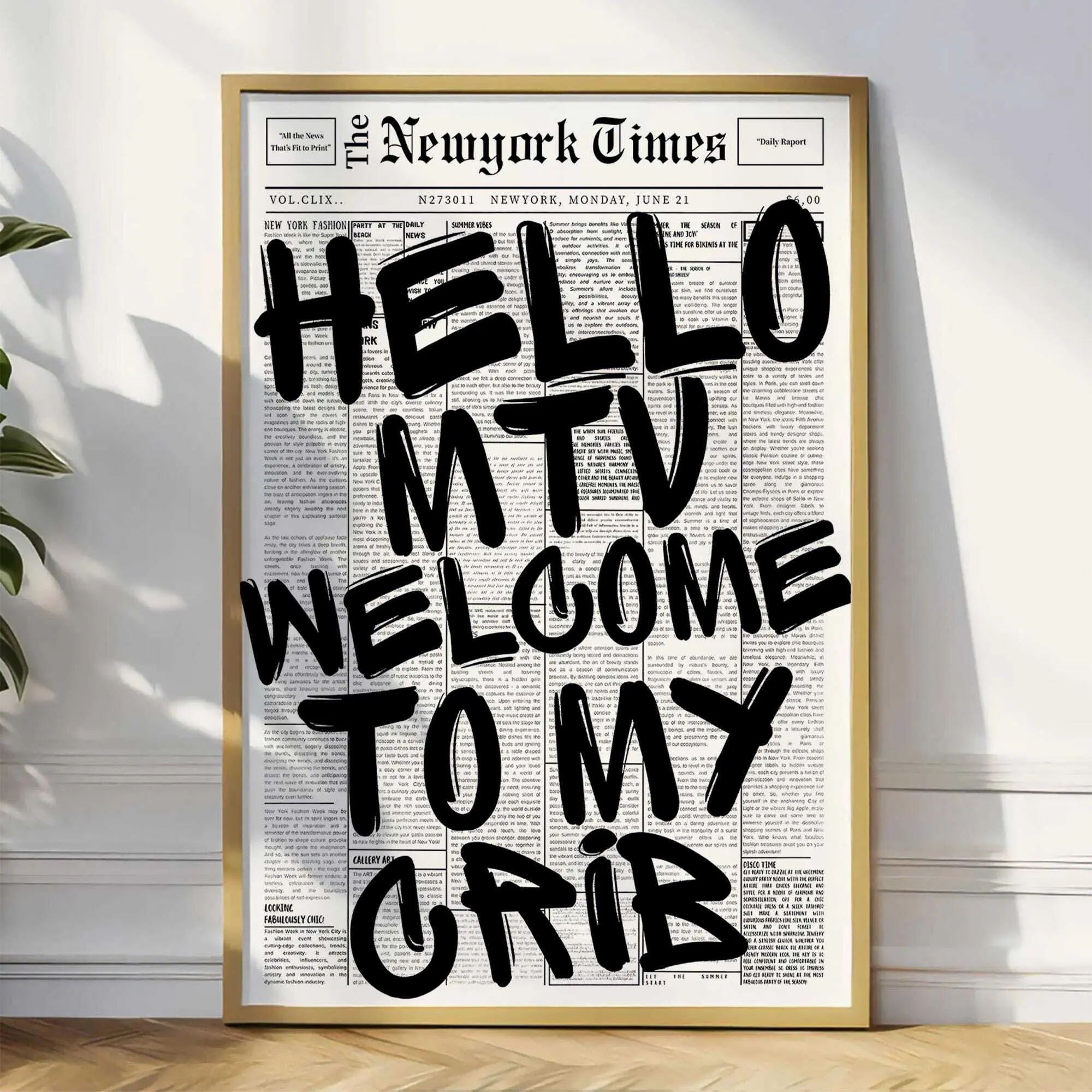 Hello MTV Welcome to My Crib Poster, Funny Newspaper Wall Art, Bold Typography Print for Dorm or Living Room Decor