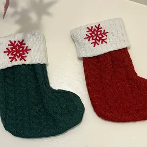 Embroidered Christmas Socks with Snowflake Design - Festive Green and Red Cable Knit Stockings for Holiday Decor