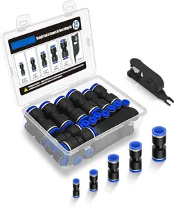 Straight Push to Connect Air Hose Fittings, 30Pcs Pneumatic Quick Connect Fittings Kit with Tubing Cutter for 5/32" 1/4" 5/16" 3/8" 1/2" Air Line, Nylon & PU Tubing