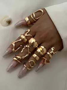 Boho Vintage Fashion Coin Texture Layered Geometric Asymmetric Hollow Round Wave Design Women's Chunky Ring Set for Parties Daily Wear