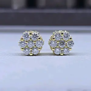 1.00CTW Moissanite Honeycomb Cluster Stud Earrings | Yellow Gold Plated Sterling Silver | Unisex Iced Out Studs