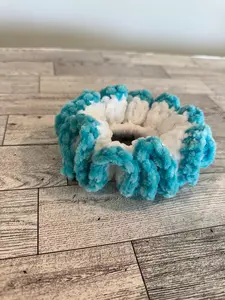Handmade Velvet Yarn Scrunchie - White & Aqua Blue Hair Tie stocking stuffer