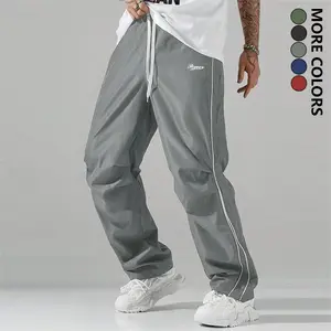 American Street Hipster Trendy Casual Pants for Men Men's Elastic Waistband Geometric Striped Straight-Leg Sports Trousers in Polyester Material