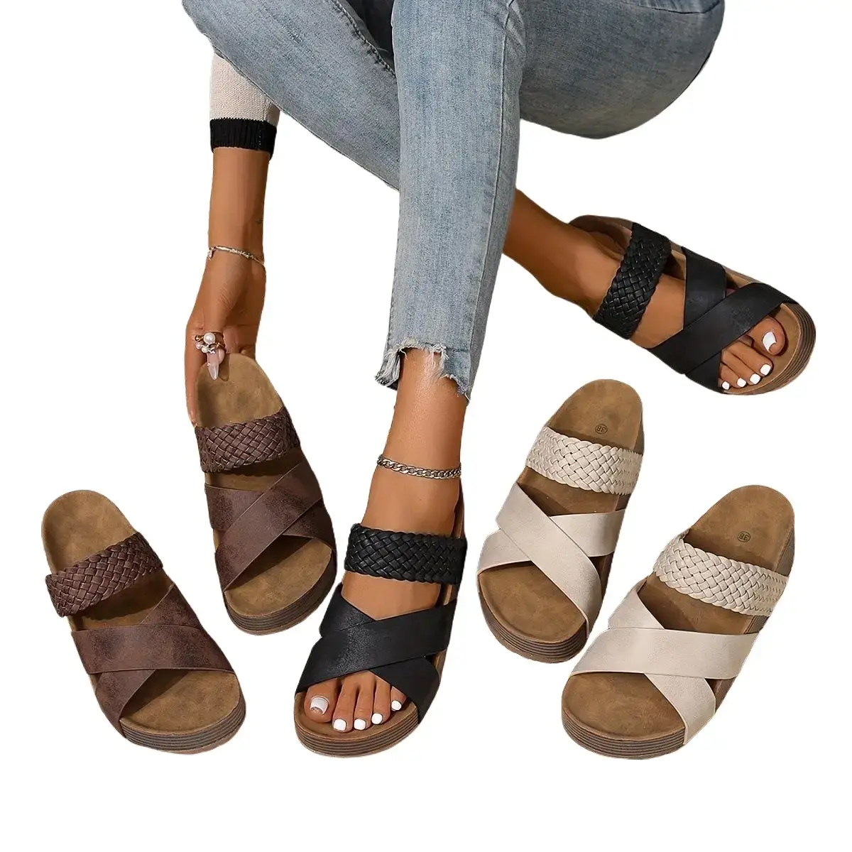 Summer New Thick Rubber Sole Cross Design Sandals, PU Upper Material, Fashion Casual Outdoor Beach Slippers for Women, Stylish Open Toe Shoes Footwear