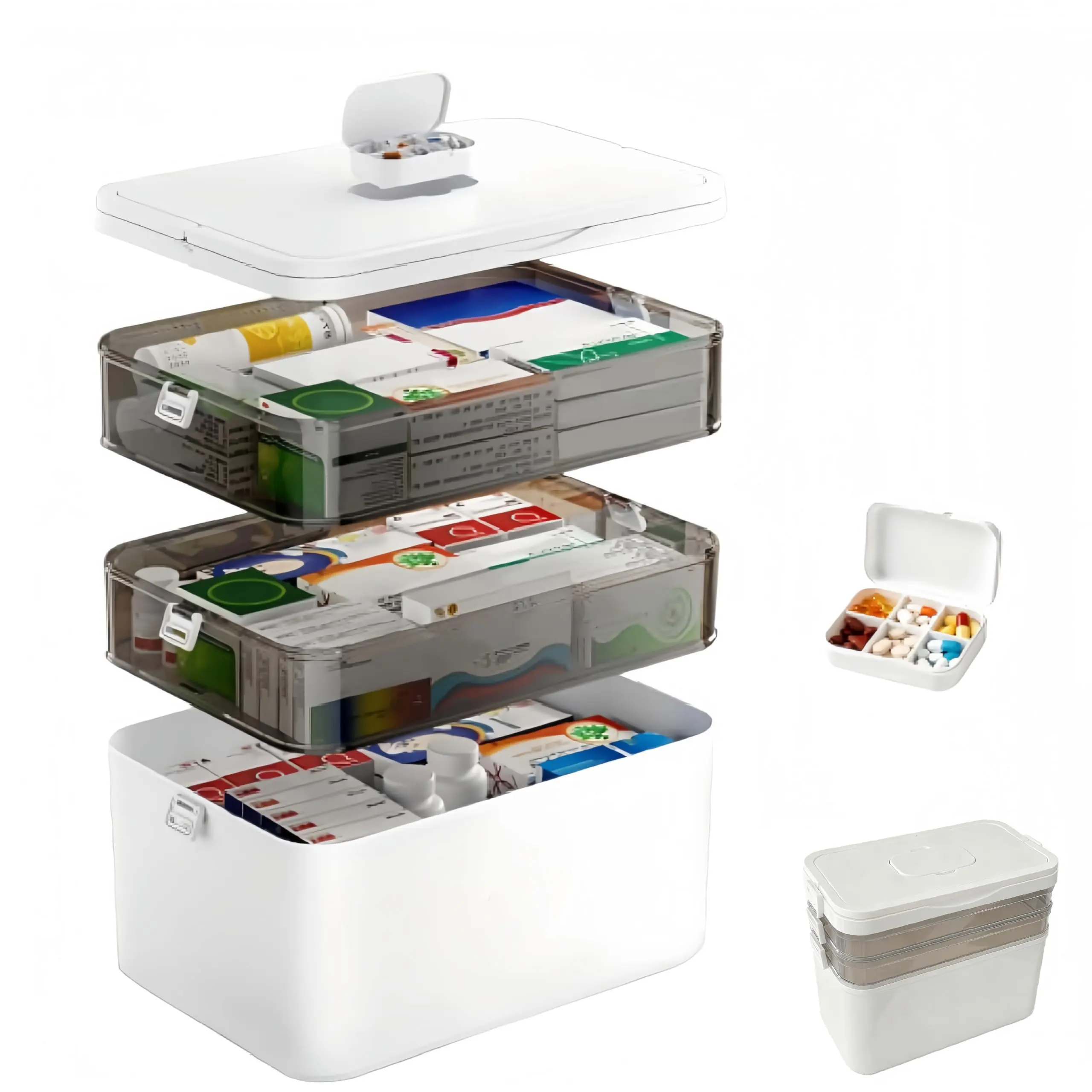 Classic Plastic Rectangle 5-Layer Pill Box with Removable Compartments, Handled Portable Multifunctional Emergency Storage Box for Home & Travel (White), Emergency Storage Boxes