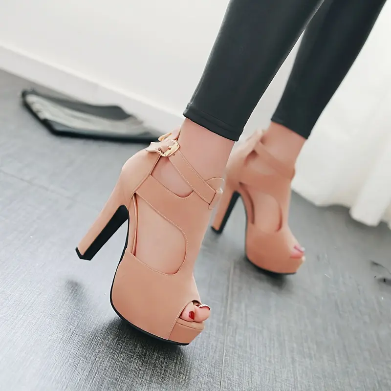 Women's Fashion Peach High-Heeled Platform Sandals - Summer Open-Toe Ankle-Strap Shoes, Breathable, Synthetic-Lined Interior, Rubber Heel Footwear, High Heel, Elegant, Classy, Stylish