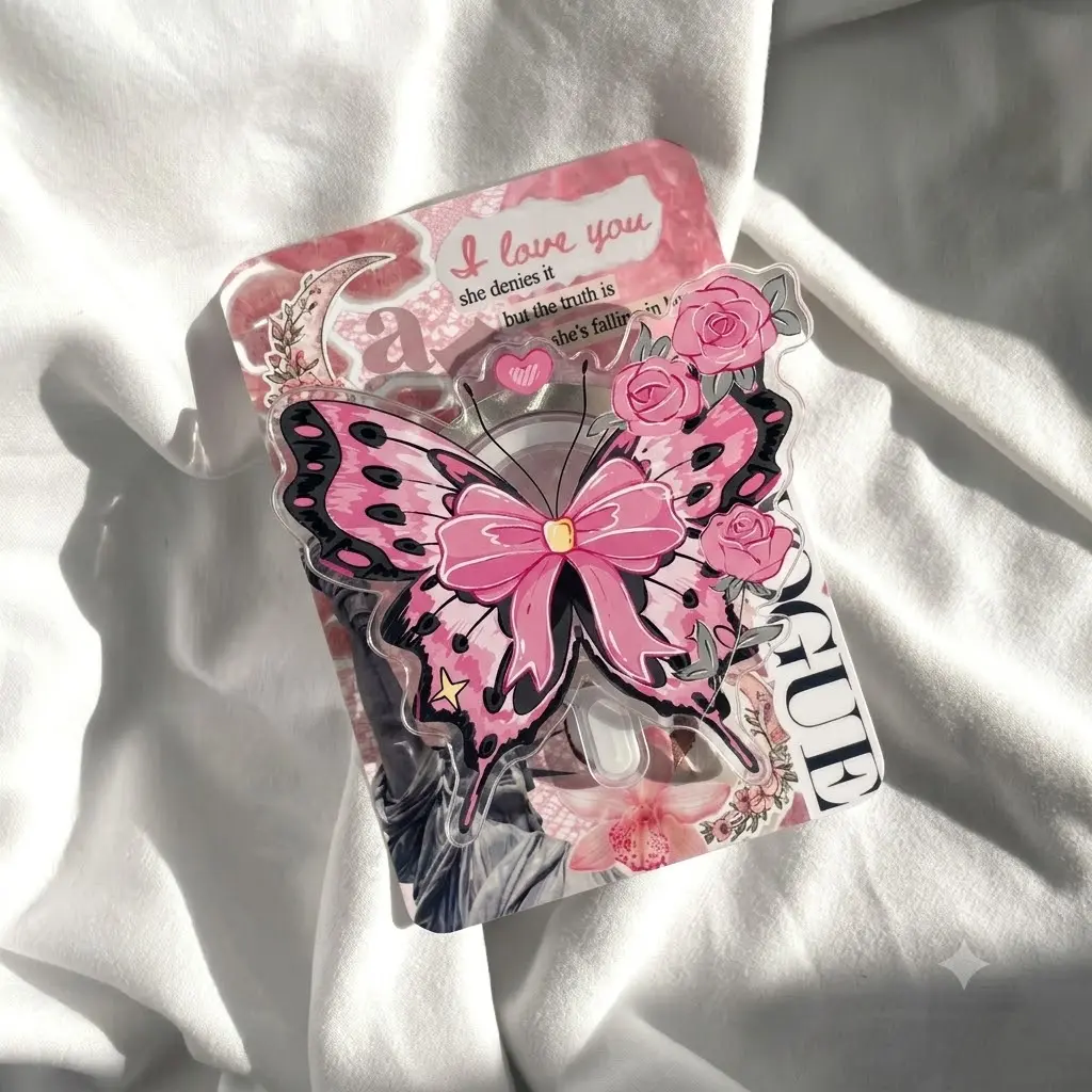 Cute Pink Butterfly Phone Grip with Bow and Roses, Coquette Gothic Phone Accessory, Whimsical Acrylic Holder, Romantic Gift for Women, Teens, and Butterfly Lovers