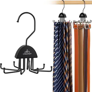 2 Pack Rotatable Tie Hanger Belt Organizer for Closet, 16 Hooks Max 24 Belts & 16 Ties Storage Capacity, Space Saving Hanging Belt Holder, Black