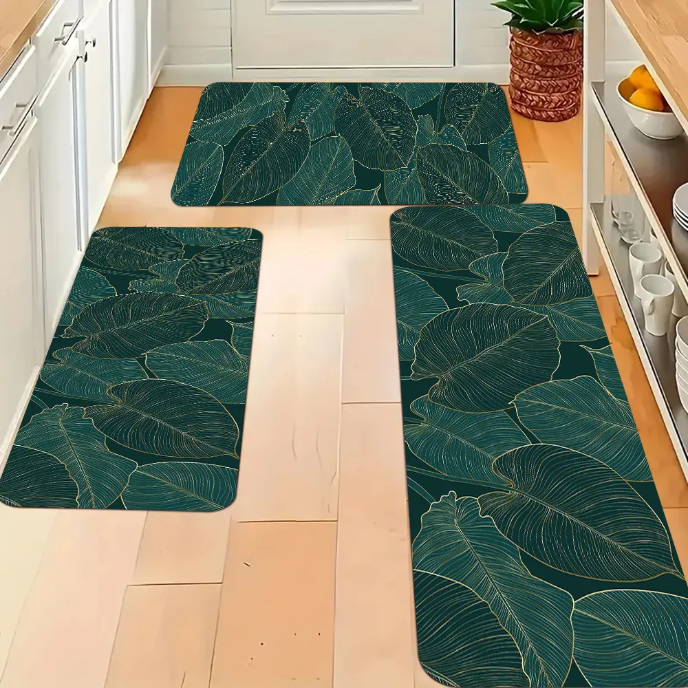 2/3Pcs Exotic Leaves Flannel Fabric Kitchen Rug Set, Non-Slip Floor Mat for Autumn & Winter Kitchen Decor, Multiple Sets for Household Living Room Use
