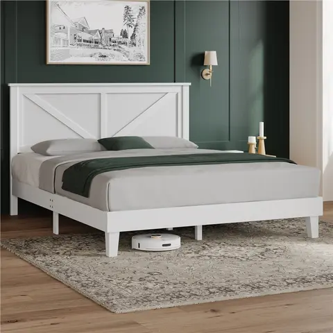 Yaheetech Farmhouse Solid Rubber Wood Platform Bed Frame with Headboard, Bedroom Furniture, Sturdy Slat Support, No Box Spring Needed, 800 lbs Capacity, Noise-Free, Easy Assembly