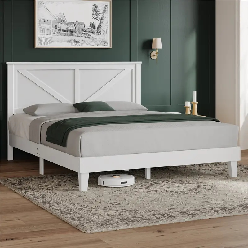 Yaheetech Farmhouse Solid Rubber Wood Platform Bed Frame with Headboard, Bedroom Furniture, Sturdy Slat Support, No Box Spring Needed, 800 lbs Capacity, Noise-Free, Easy Assembly