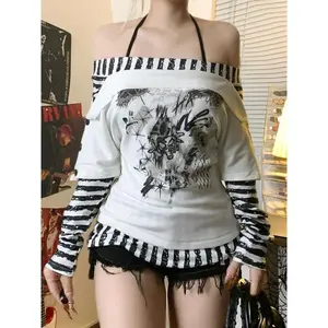 Y2k Streetwear Grunge T Shirts Women American Retro Gothic Striped Patchwork Fake Two-piece Long Sleeve Tees Tops 2000s