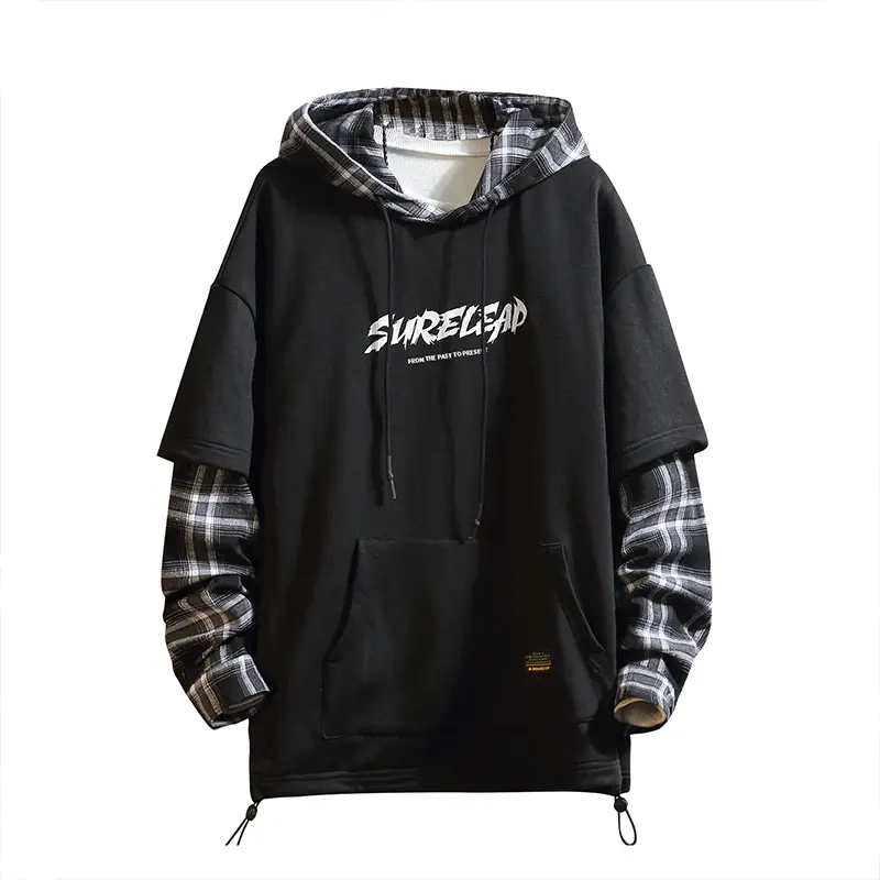 GURUNVANI Menswear Japanese-Style Patchwork Pullover Hoodie, Soft Cotton Long-Sleeve Character Streetwear Casual Men's Sweatshirt Top