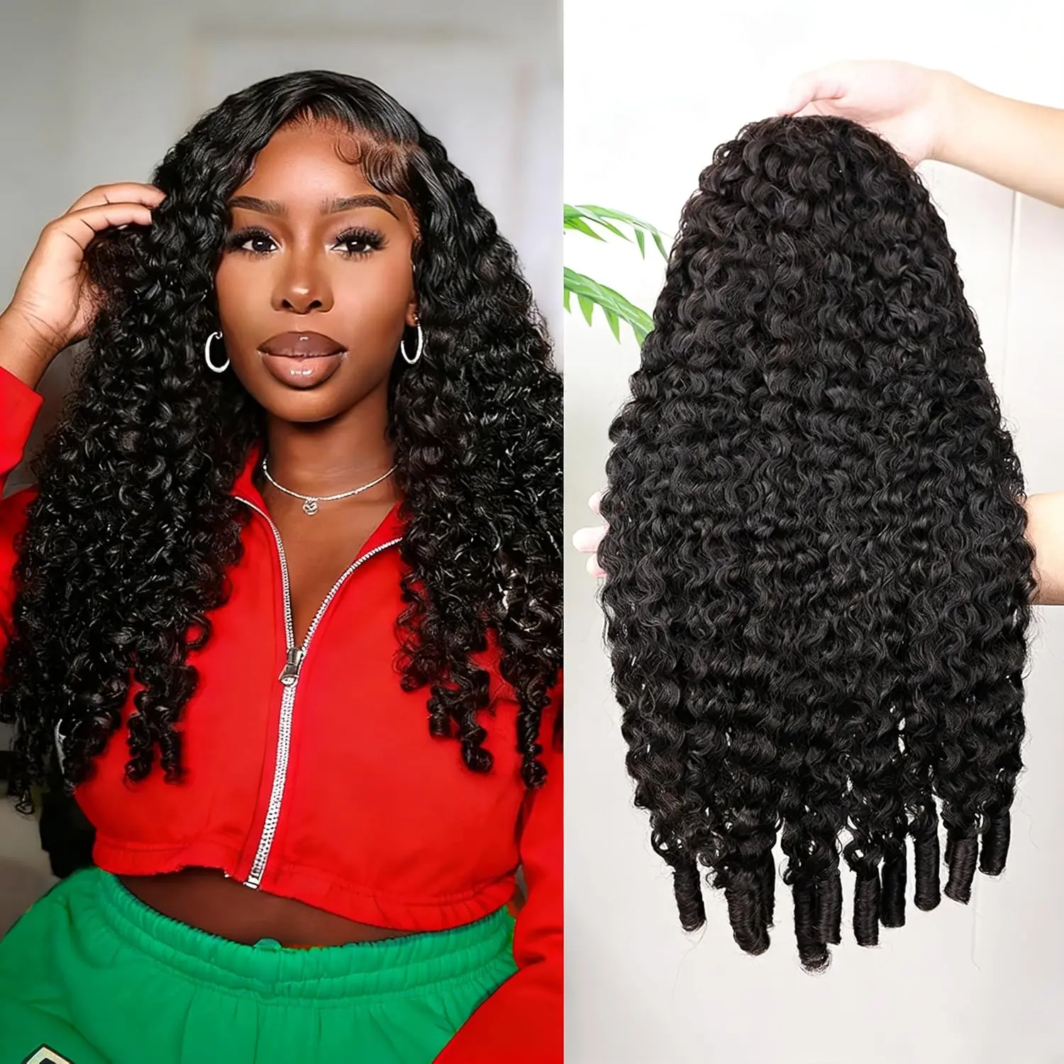 Burmese Curly Half Wig Glueless Wigs Human Hair with Spiral Curly End 180% Density 3 IN 1 Kinky Curly Human Hair Half Wig With Drawstring Seamless Clip Ins Flip Over Natural Color