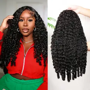 Burmese Curly Half Wig Glueless Wigs Human Hair with Spiral Curly End 200% Density 3 IN 1 Kinky Curly Human Hair Half Wig With Drawstring Seamless Clip Ins Flip Over Natural Color
