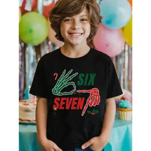 Young Boy's Funny Christmas “Six Seven” Skeleton Hand Sign T-Shirt, Holiday Candy Cane & Holly Graphic Tee for Boys Black 100% Cotton T-shirts With Christmas Six Seven MEME Comfortable Funny MEME 67 Young/Tween/Toddler Boys T-shirt, Perfect Gifts To Chris