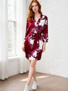 Taniri Lady's Silky V-Neck Satin Kimono Robe - Elegant Floral Print Loungewear with Belt, Soft Drawstring Bathrobe, Machine Washable All-Seasons Sleepwear, 1 Size Fits Most