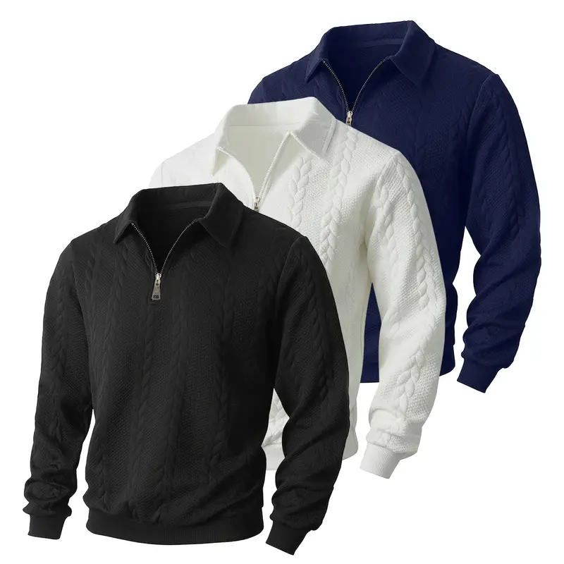Men's Cable-Knit Collared Neck Quarter-Zip Long Sleeve Pullover Knitwear, Loose Fit Soft Warm Solid Color Top, for Autumn Winter Daily Outdoor Use (Zippered Fitted Style Included)