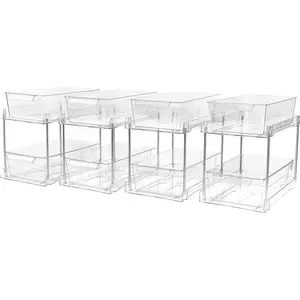 4-Pack 2-Layer Bathroom Storage Organizer, Transparent Under-Sink Organizer Kitchen Vanity Storage Container, Medicine Cabinet Drawer Storage Box, Pull-Out Organizer with Storage Room Track
