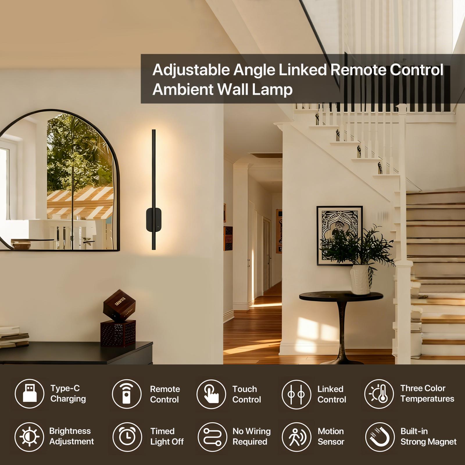 GLITGATE Battery Operated Wall Sconce Set of 2, Dimmable Battery Wall Sconce with Remote Control,3000K-6500K LED Wireless Wall Light for Bedroom,Living Room,  Black(2 Pack)