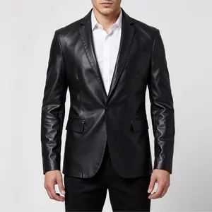 Men’s premium single-breasted suit jacket featuring a classic notch lapel design, structured silhouette, double-button closure, versatile outerwear for business casual and multiple occasions, lightweight leather suit jacket with long sleeves and practical