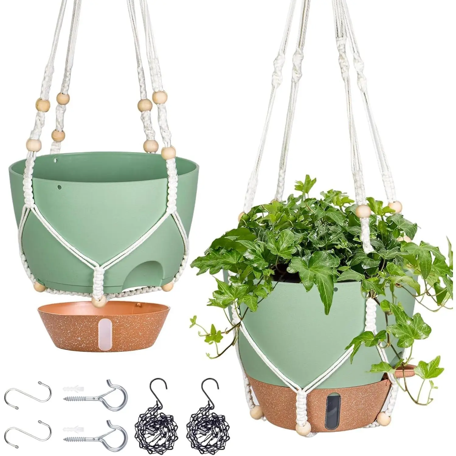 10 Inch Hanging Planters for Indoor , 2 Pack Self Watering Hanging Baskets Flower Pots with Drainage Hole, Visual Reservoir & 2 Kinds of  Hanger for Outdoor Garden  Decor