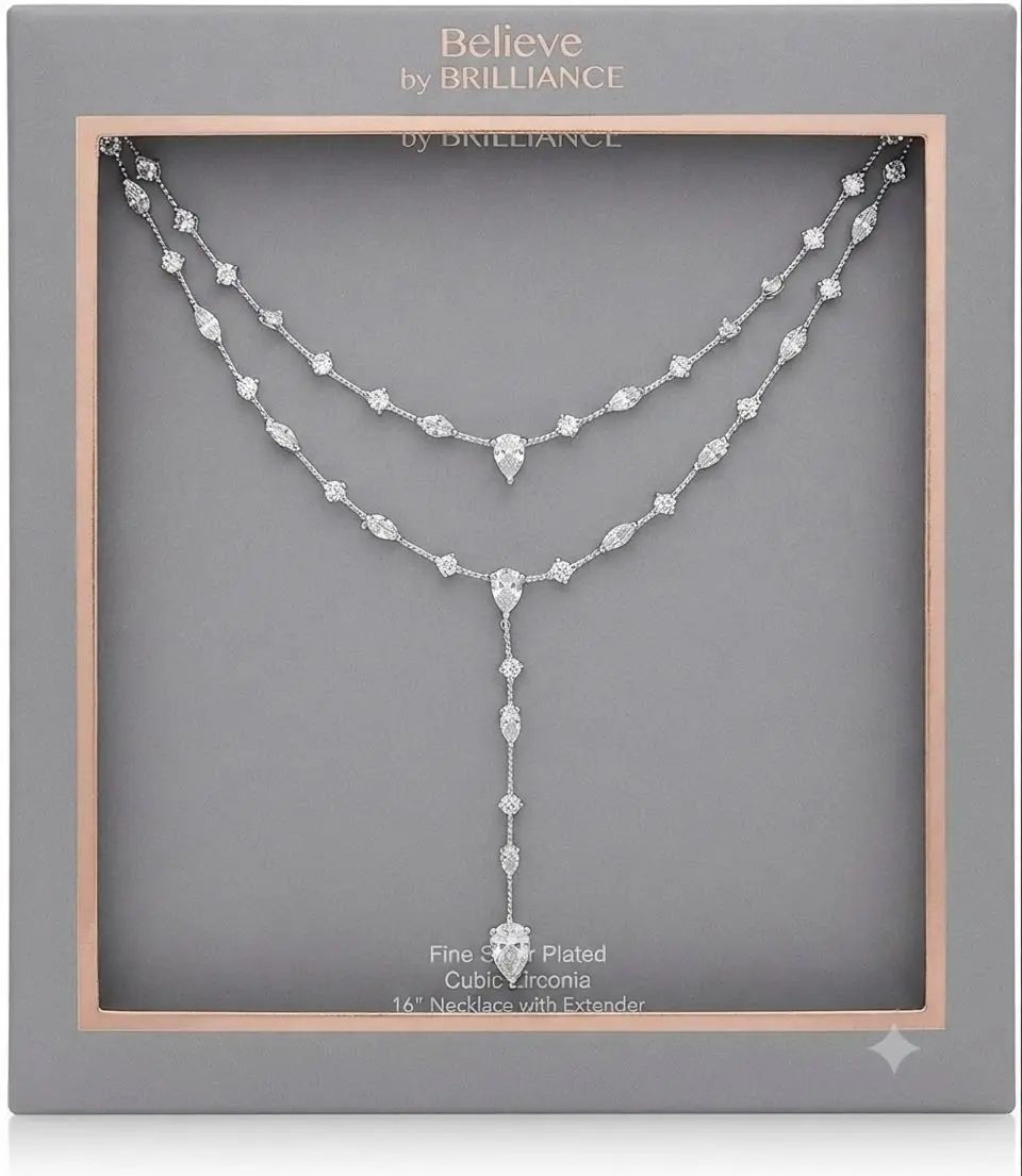 Believe by BRILLIANCE Fine Silver Plated Cubic Zirconia 16" Necklace with Extender Elegant Double Strand Design