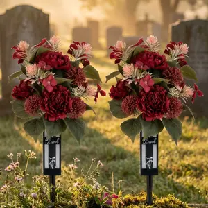 Red Cemetery Flowers for Grave: 2 Pcs Peony Grave Flower Bouquets for Cemetery Decorations - Spring Outdoor Gravesite Flowers with Vase for Mother's Day