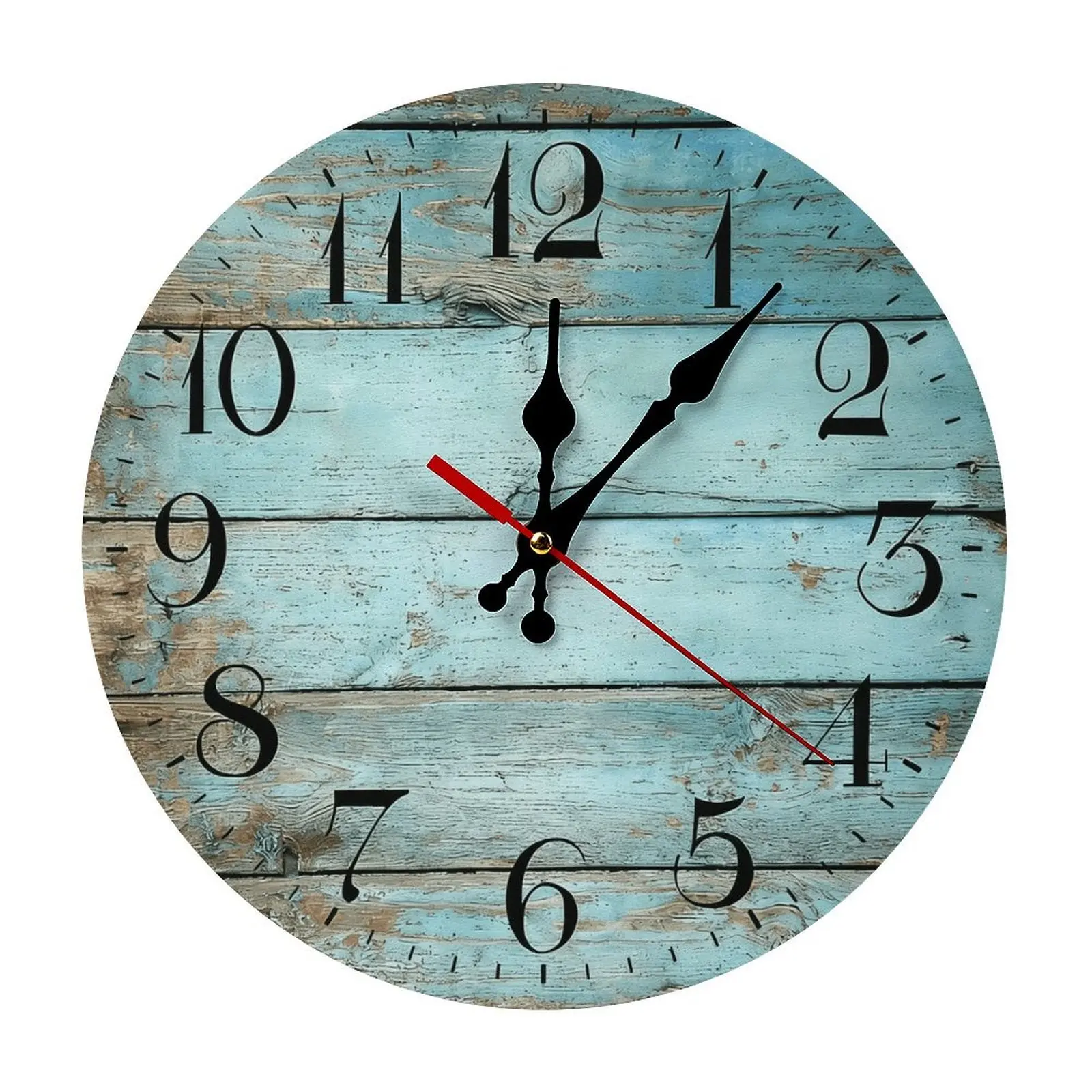 Retro Blue Weathered Wooden Wall Clock - 10/12 in Silent Sweep Quartz Movement, Rustic Coastal Farmhouse Design, Non-Rechargeable (Battery Not Included), Home Decor Gift, Room Decor for Kitchen, Living Room
