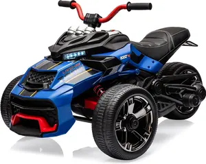 【Christmas Gift】Blue 12V 3 Wheeler Kids Electric Ride on Truck & ATV Motorcycle, 2x55W Motor, 7MPH, 2 Speeds, LED Lights, Music, USB, Horn, EVA & Treaded Tires, Battery Powered Toy Vehicle Gift for Boy Girl
