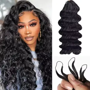 KRN Human Crochet Hair for Black Women Crochet Human Hair Bundles 120g Pre-Separated Feather Crochet Human Hair Deep Wavy Invisible Crochet Hair Extensions 50 Strands Natural Black
