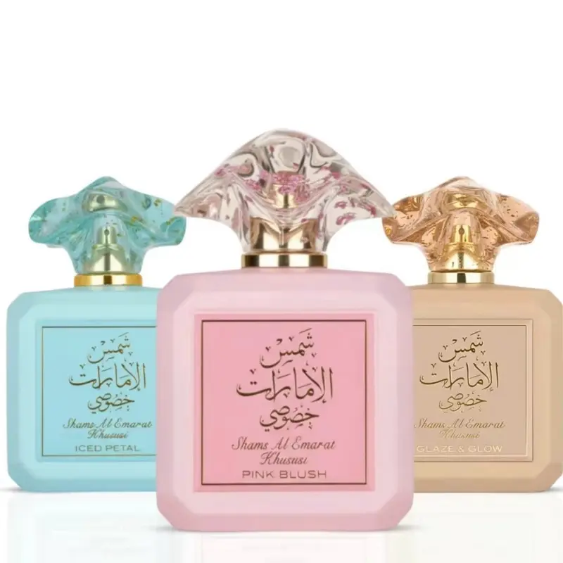 Shams Al Emarat Khususi trio bundle | Pink Blush, Glaze & Glow & Iced Petal Eau de Parfum Spray 100ml (3.4 oz) by Ard Al Zaafaran – Women’s Perfume Gift Set Bundle