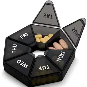 KoPicks 7-sided Medicine Box, One Week Medicine Box Distribution Box, Portable Pill Box Healthcare Plastic Aid Black