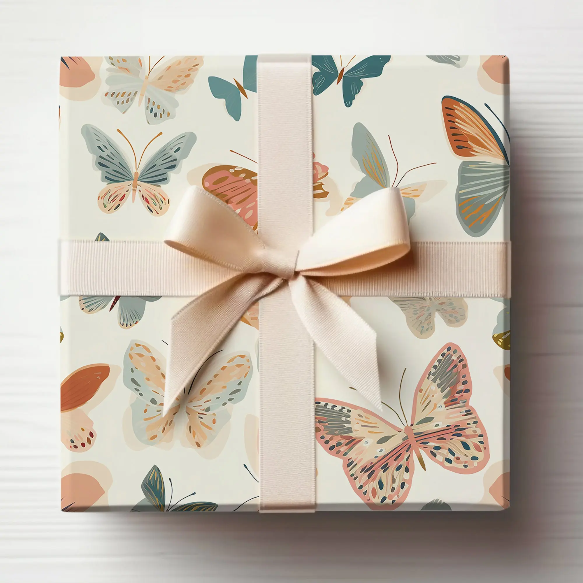 Boho Butterfly Wrapping Paper Butterflies, Neutral Butterflies Wrapping Paper Roll With 70s Butterfly Design, Butterfly Gift Wrap Roll