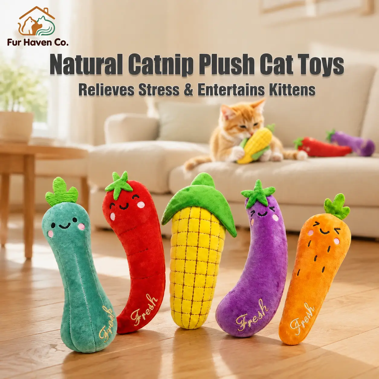 5Pcs Fruit Vegetable Shaped Cat Toys Set, Natural Catnip & Cat Grass Interactive Toy, Stress Relief Self Play Kitten Entertainment Toys