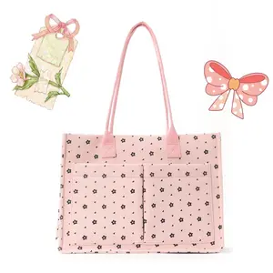 Floral Corduroy Tote Bag, Large Shoulder Bag, Casual Aesthetic Handbag outdoorfun