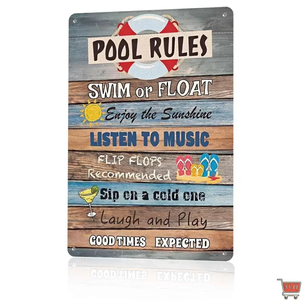 Vintage 12x8 in Aluminium Metal Pool Rules Sign - Backyard Patio Decor, Retro Summer Pool Party Wall Art Gift